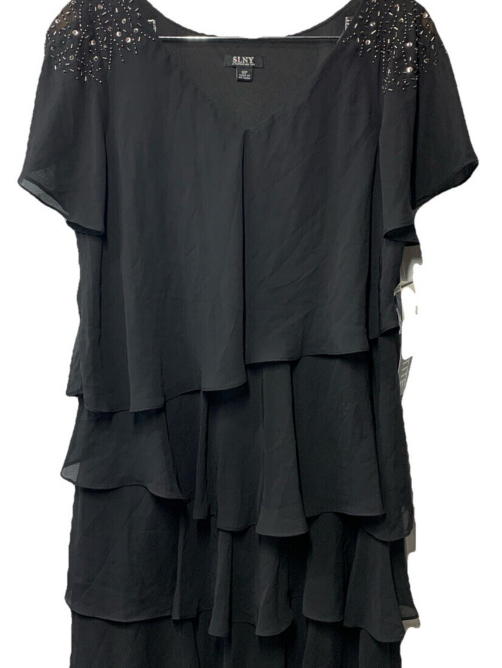 S.L. Fashions V-Neck Chiffon Cocktail Dress with Beaded Shoulders Size 12P Black